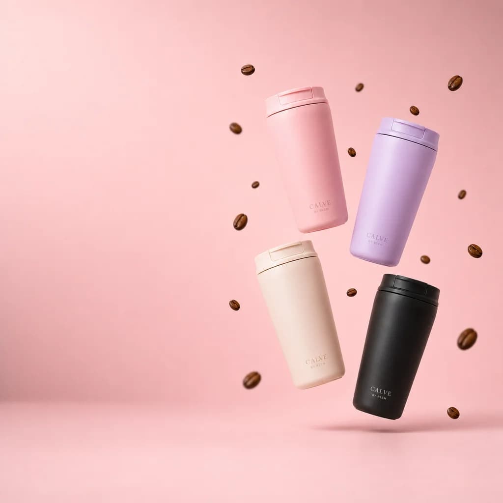 CALVE tumblers floating with coffee beans on a pink background